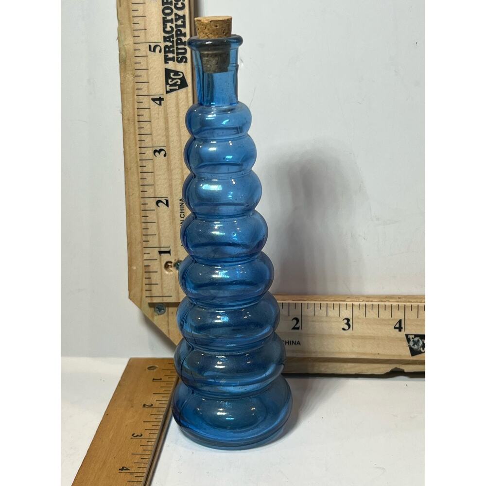 Handmade Blue Recycled Glass Bottle with Cork Stopper Spain Art Glass Decor